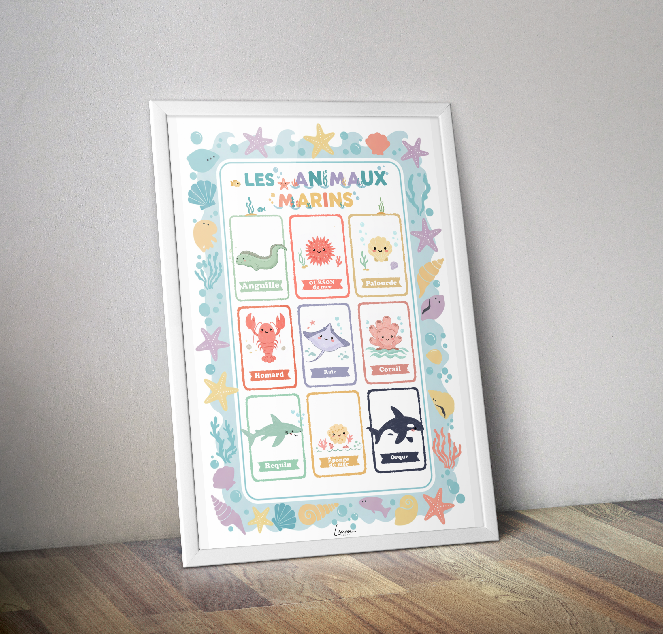 Affiche enfant  pédagogique " Les animaux marins" - Poster enfant