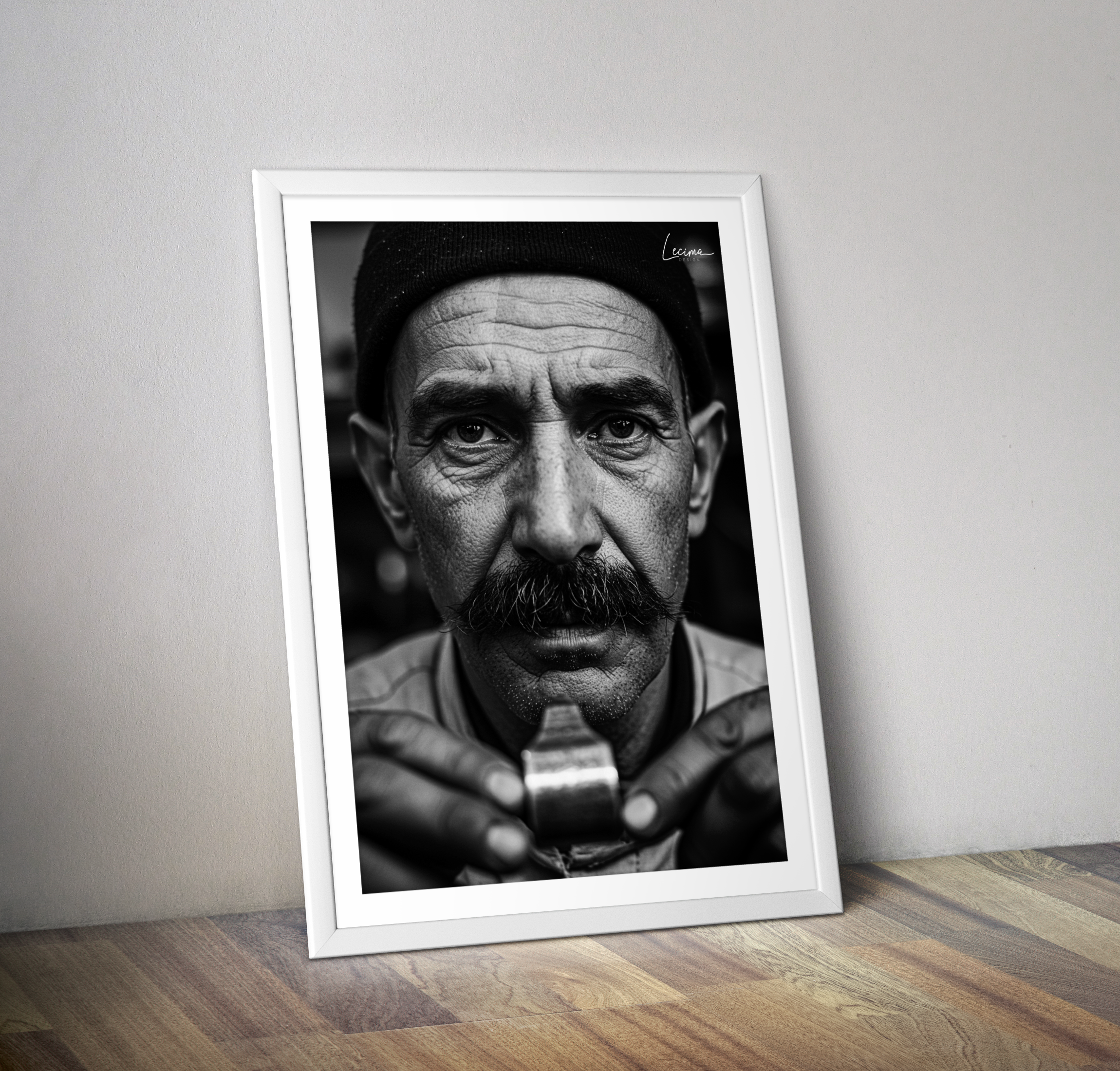 Affiche homme au sifflet Maroc - Poster orientaliste noir et blanc