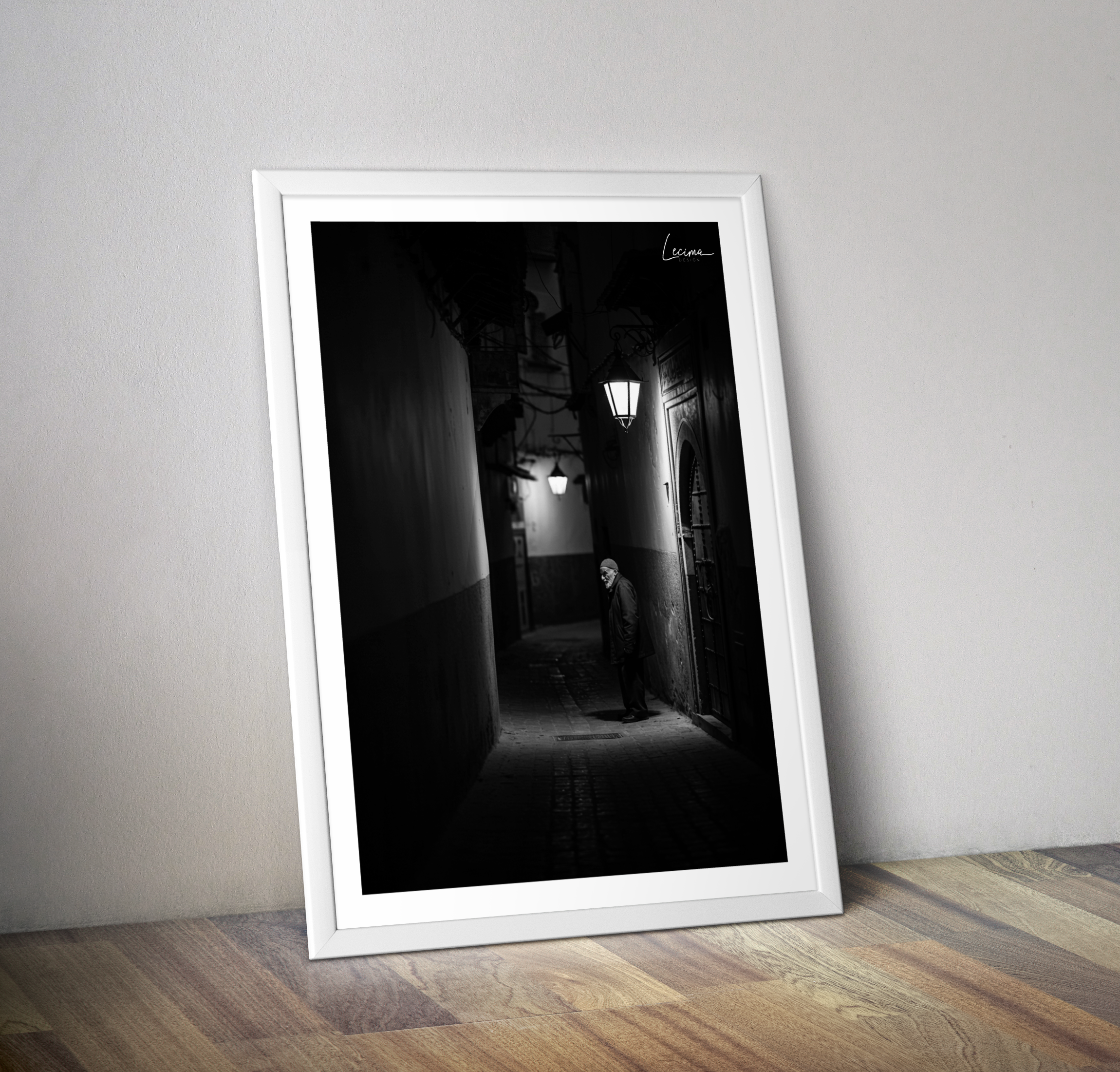 Affiche Maroc rue souk la nuit - Poster orientaliste noir et blanc