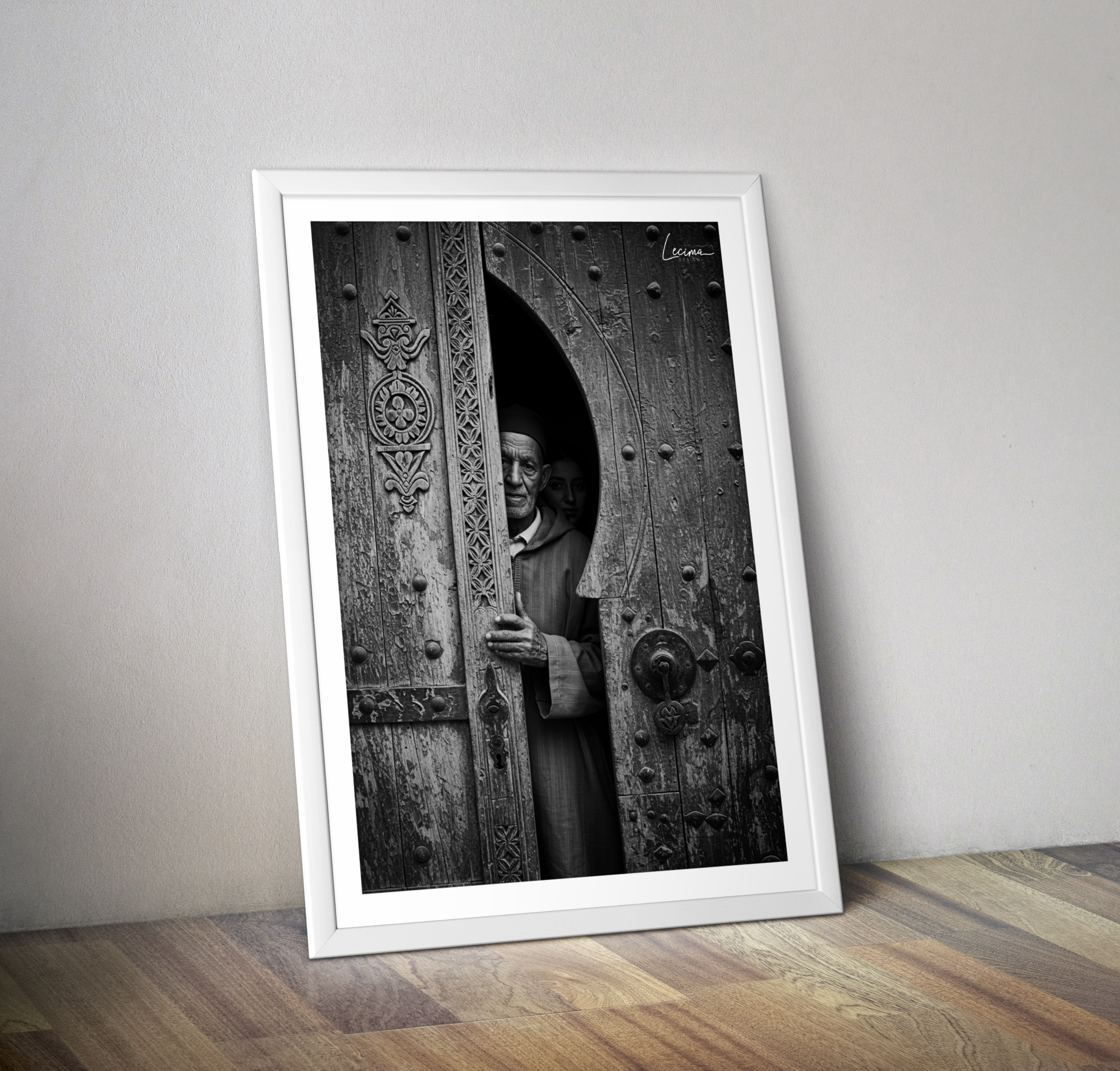 Affiche porte en bois Maroc noir et blanc - Poster orient