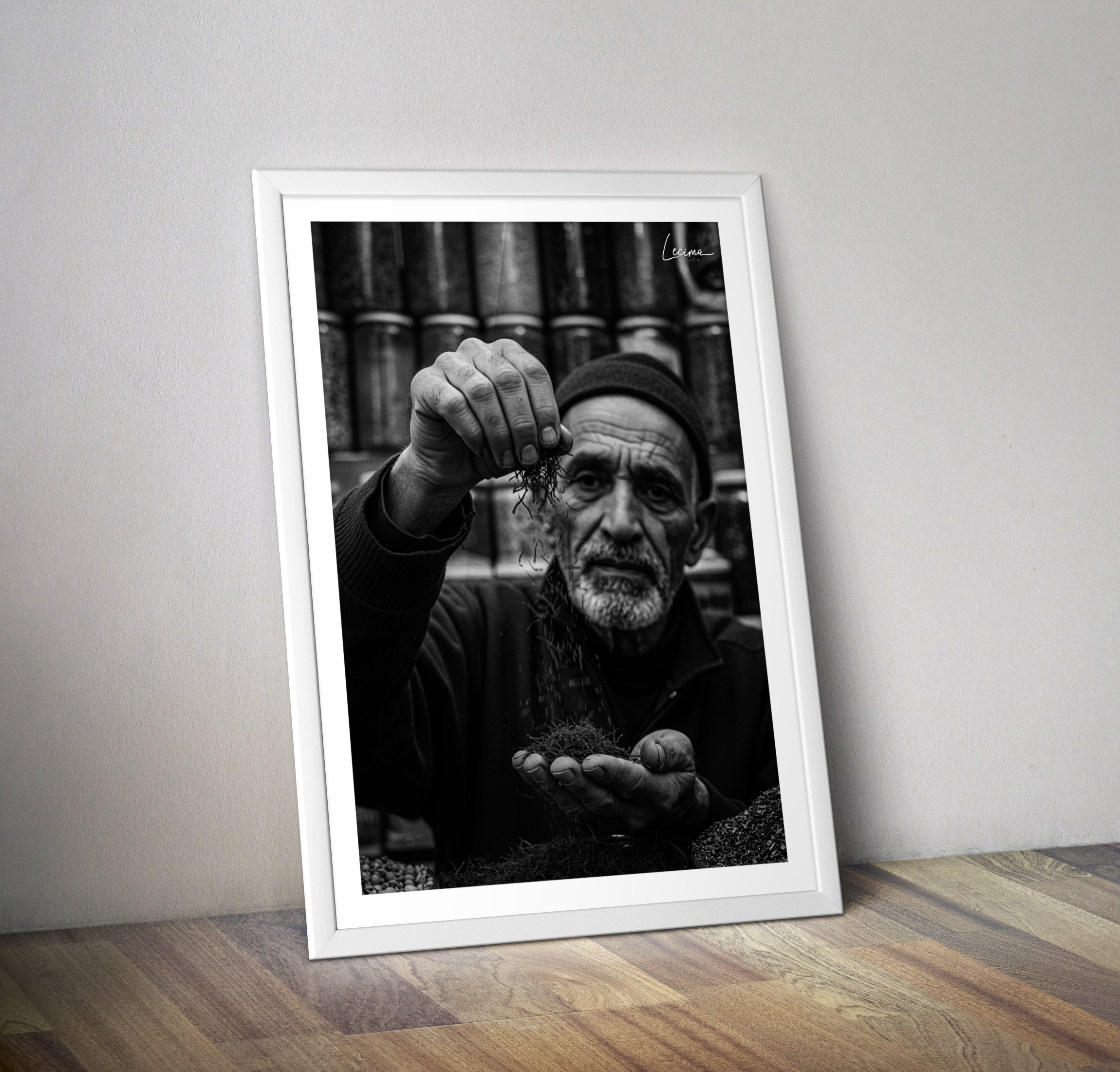 Affiche noir et blanc épicier Maroc - Poster safran orient