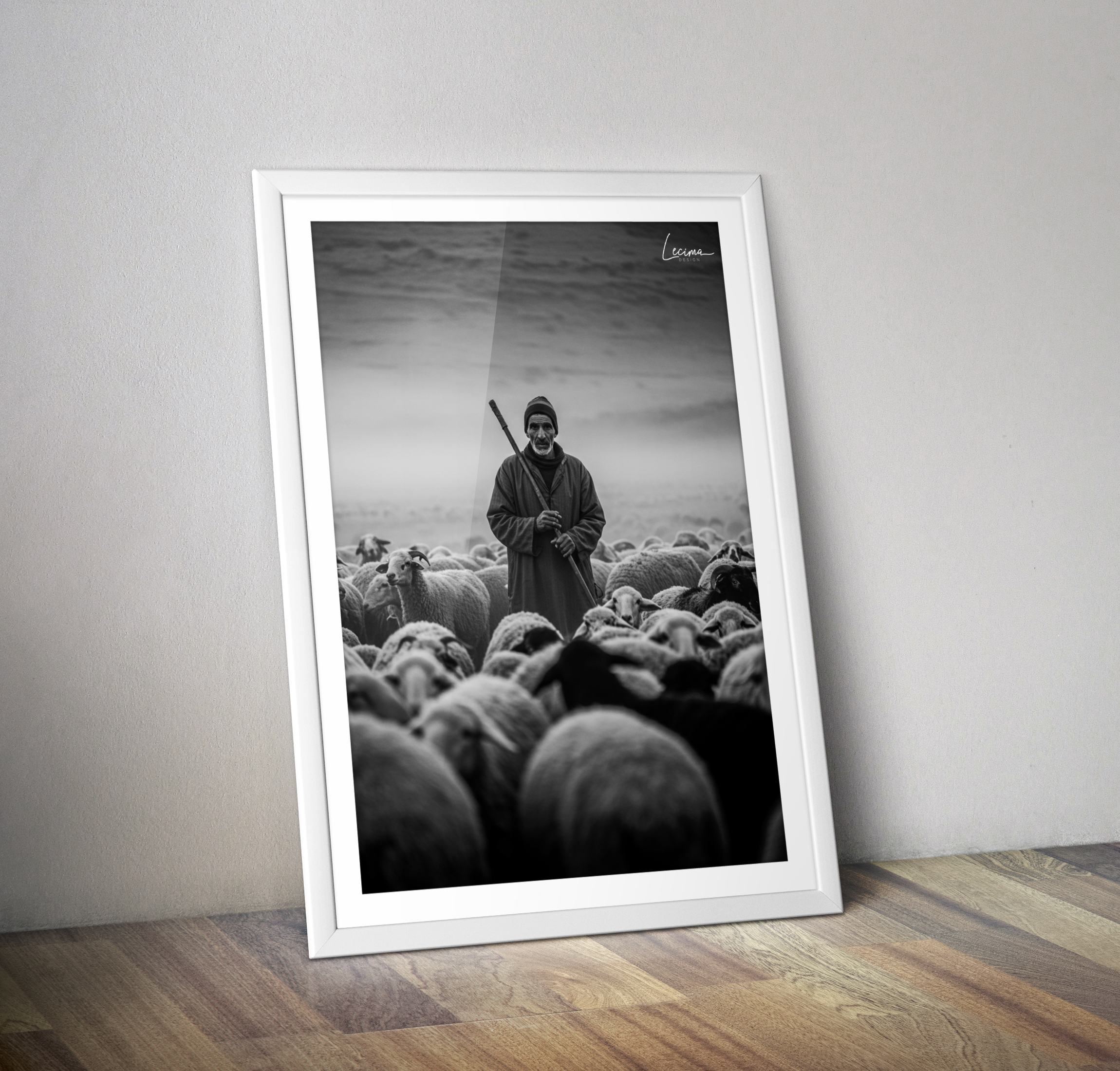 Affiche bergers moutons Maroc - Poster orientaliste noir et blanc
